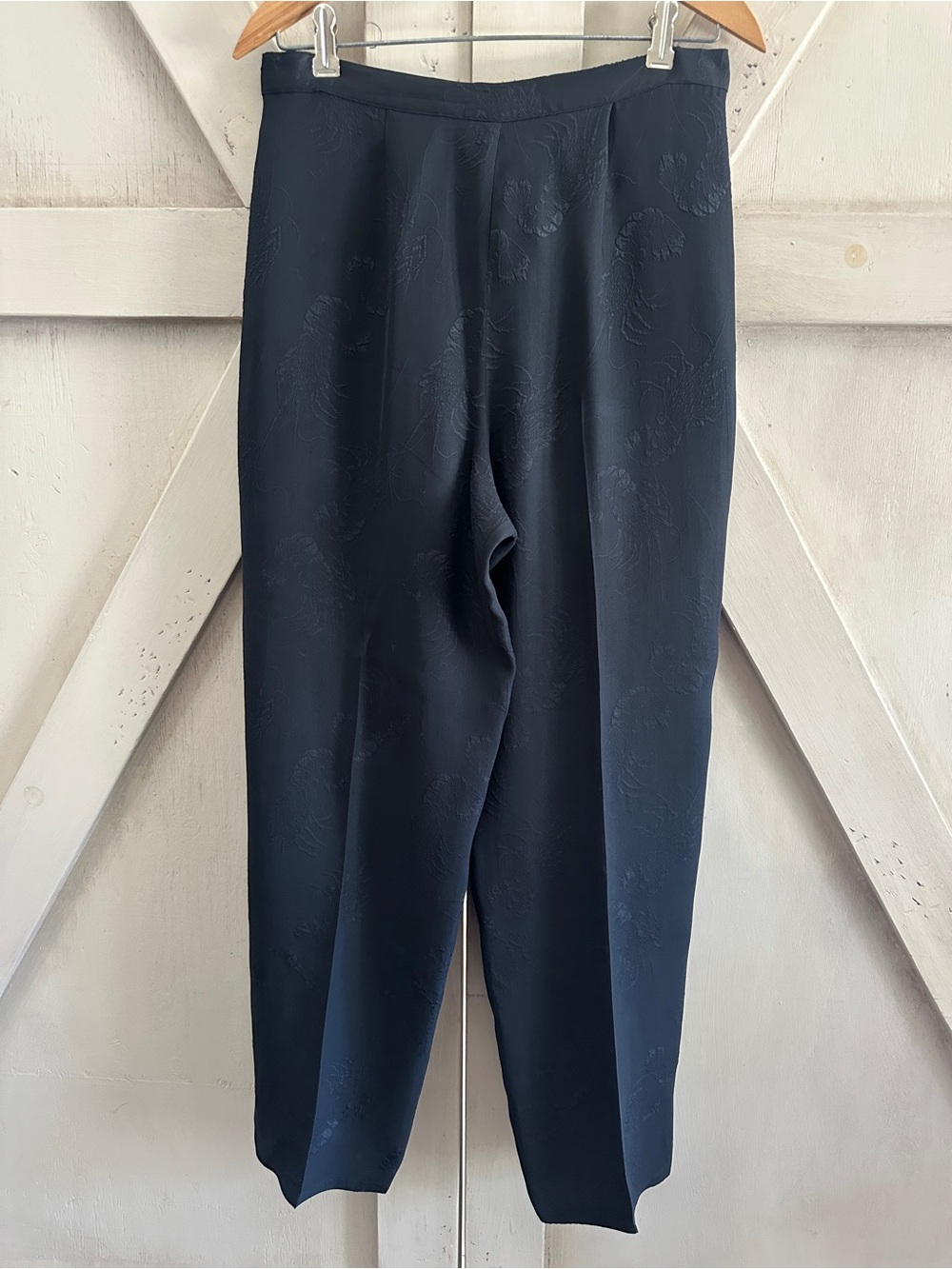 Citron Black Silk Jacquard Pants Size Medium Elastic Waist Tapered Leg Vintage